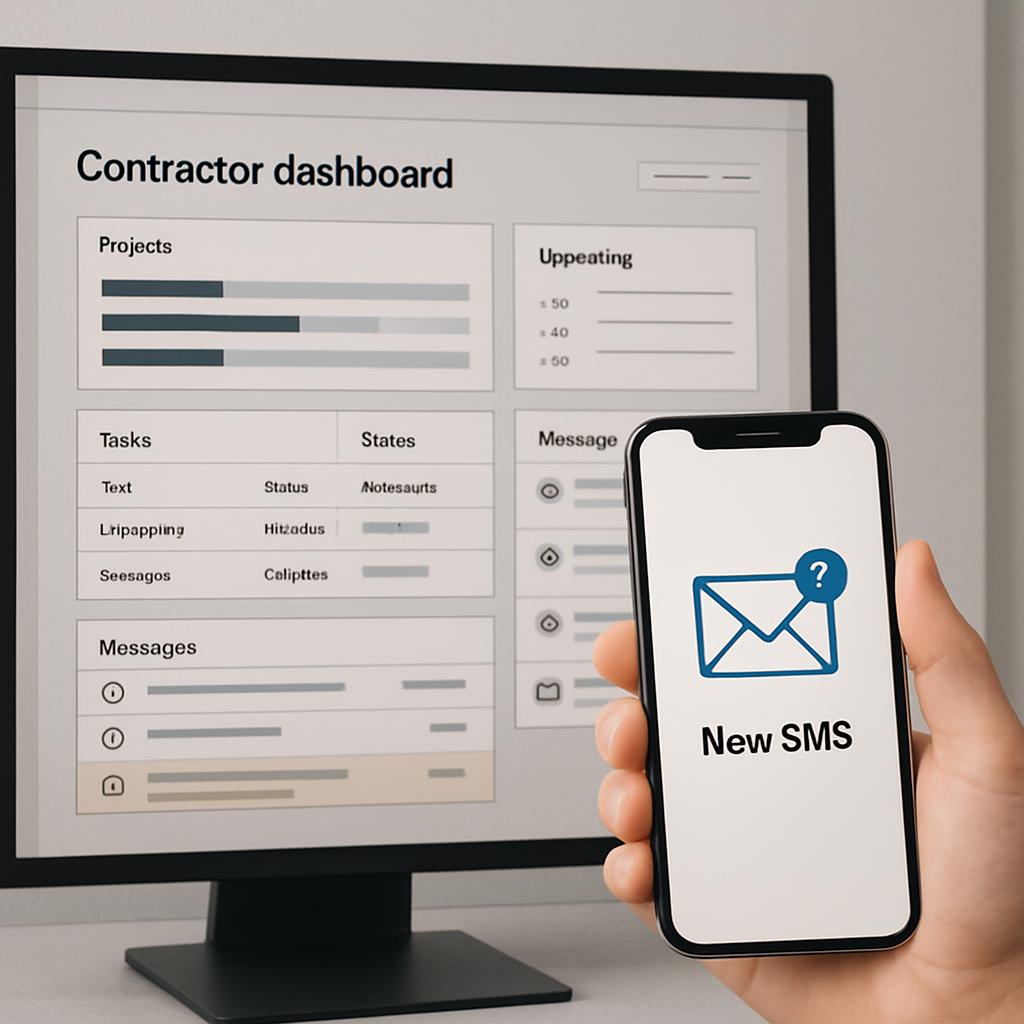 Hand holding a phone with "New SMS" and an envelope icon displayed on the screen, with a computer displaying a contractor ...